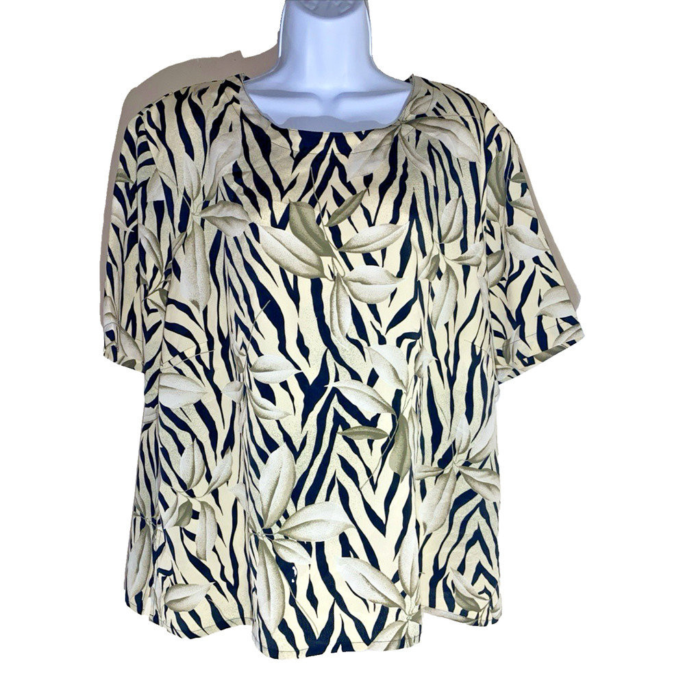 Vintage Cathy Che Women's Plus Size 3X Zebra Leaf Print Blouse Top Beige Black